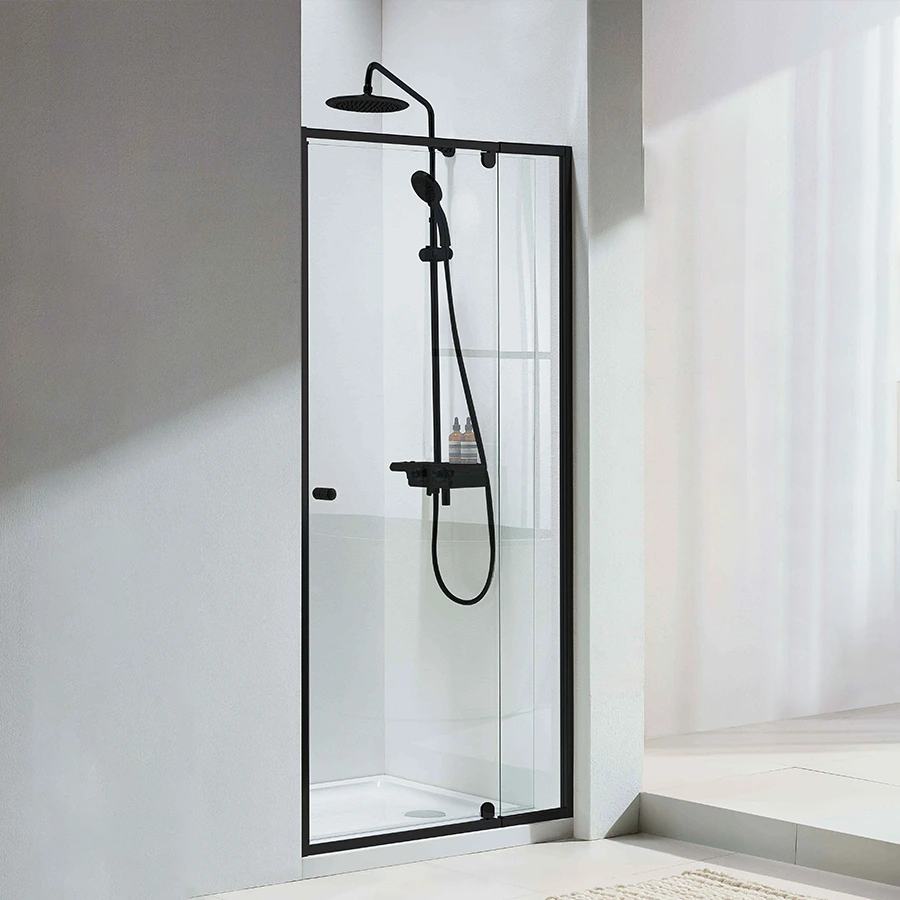 Black framed hinged glass shower door with clear tempered glass and black rainfall showerhead in a modern grey bathroom