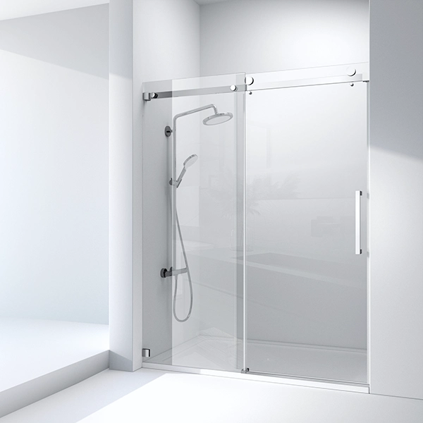 Frameless sliding glass shower door with chrome top rail and rollers, chrome rain and handheld shower, white bathroom