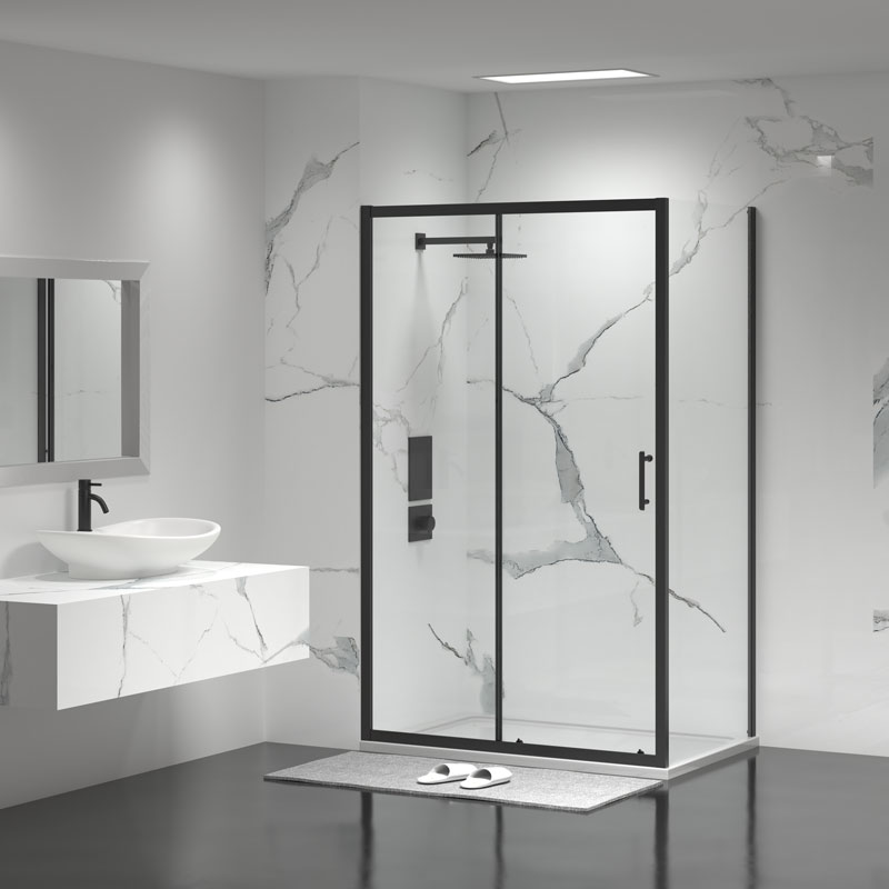 Black-framed double sliding glass shower door with rain showerhead in a white marble bathroom with dark floor