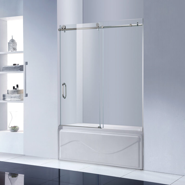 Frameless sliding glass shower screen over white bathtub with chrome rail and vertical handle in a contemporary bathroom