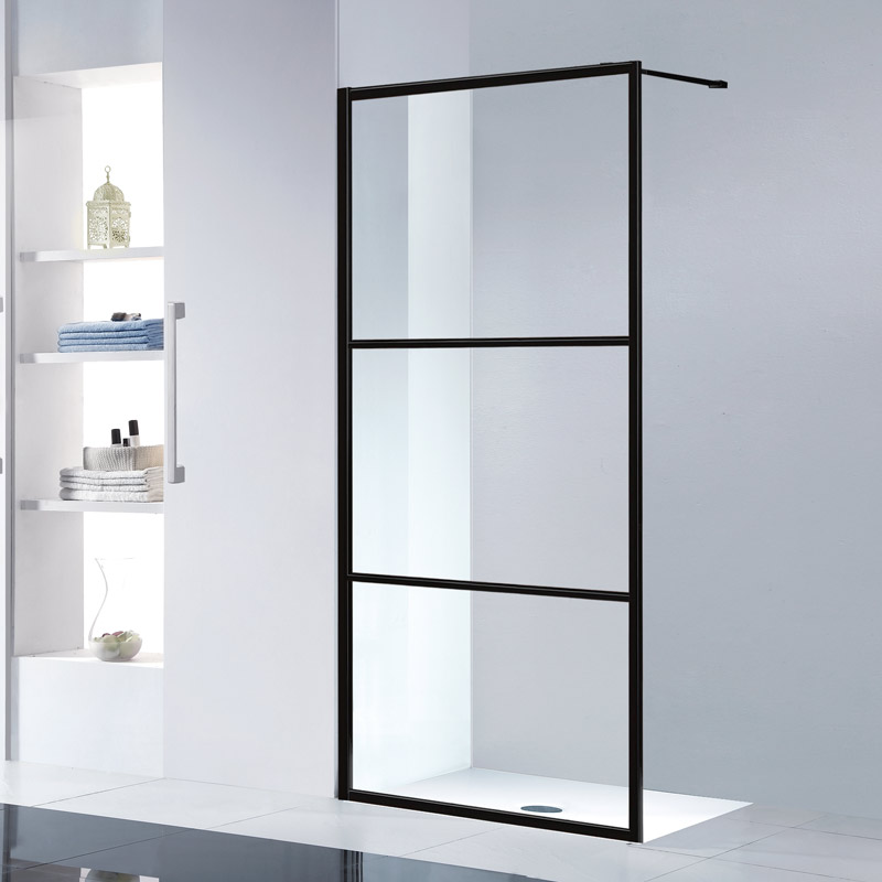 a walk-in shower enclosure with black frame