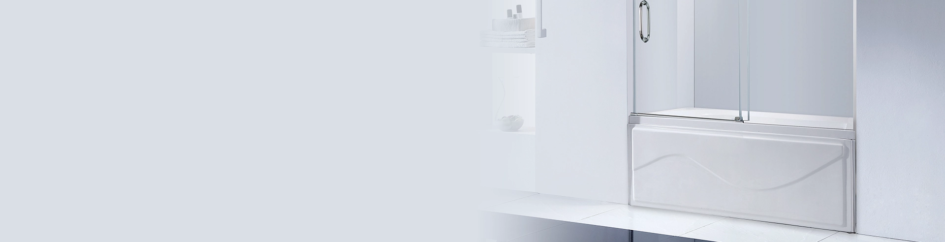 White bathtub with curved glass shower screen and chrome handle in an all-white bathroom, banner image with copy space