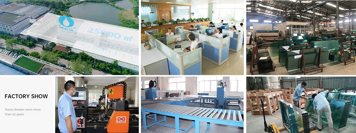 Six-panel factory collage: aerial view of the 25,000 sqm plant, office, glass sheets, CNC machine, conveyor and workers