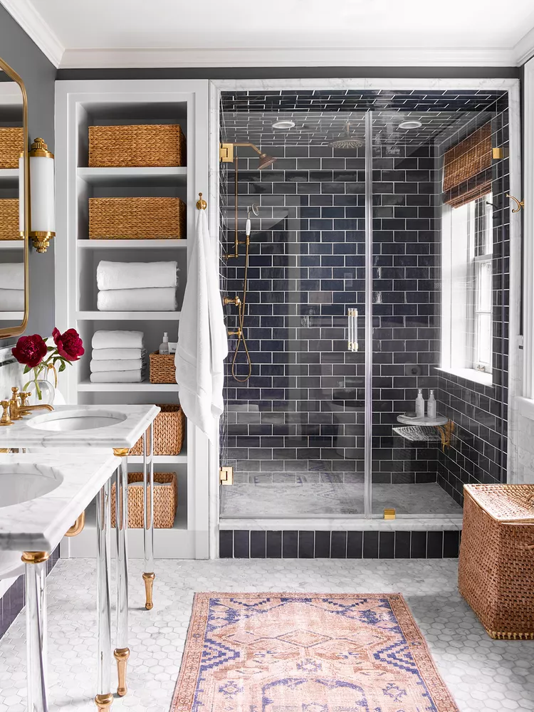 a bathroom with a walk-in shower enclosure and special design