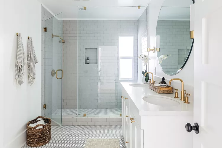 hinged shower door in the bathroom