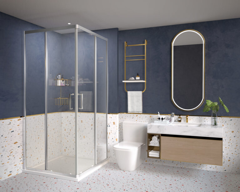 Corner glass sliding shower enclosure with white tray and gold shelves in a navy blue terrazzo bathroom