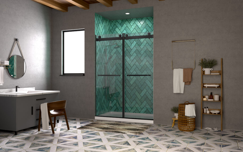 Matte black framed three-sided shower enclosure in a compact modern bathroom