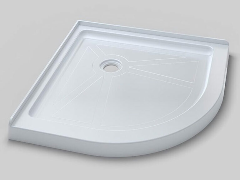 White quadrant corner shower tray with curved front edge and radial drainage lines around the central drain