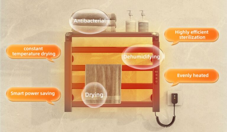 Electric heated towel rail with digital 55°C display and labels for sterilization, drying and dehumidifying