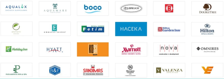 Grid of hotel brand partner logos including Hilton, Marriott, Sheraton, Holiday Inn and Hyatt supplied by KJbath