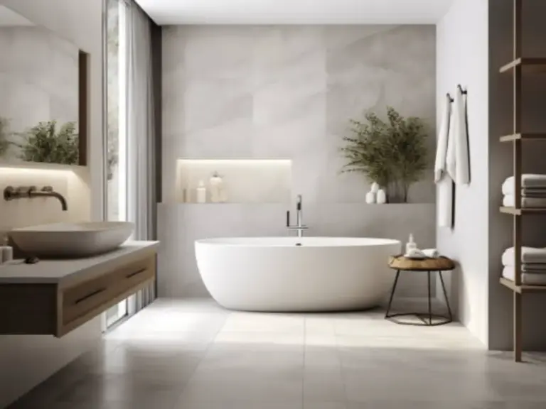 White oval freestanding bathtub against marble-look tiles in a minimalist bathroom with wooden vanity and backlit wall niche