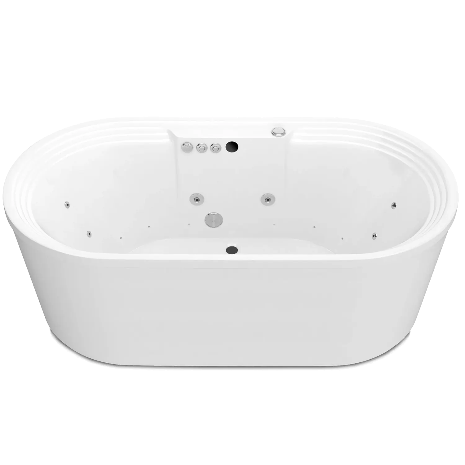 White oval freestanding whirlpool bathtub with chrome massage jets, control buttons and backrest on a white studio background