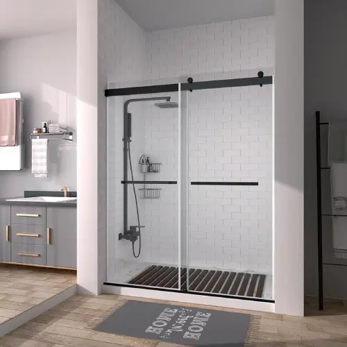 Two panel black framed sliding shower door with clear glass and grab bars in a modern bathroom with wood look floor
