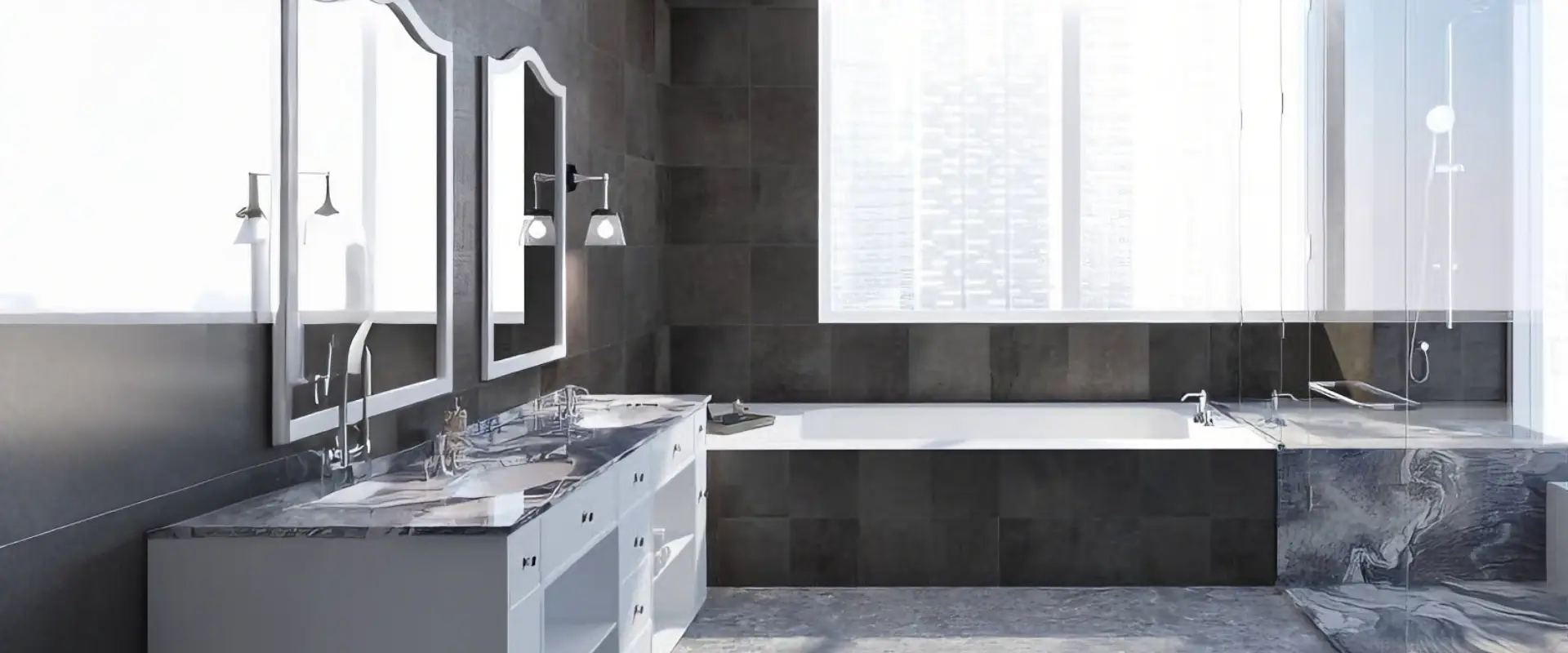 Built-in alcove soaking tub and frameless glass sliding shower in a dark gray luxury bathroom with double vanity