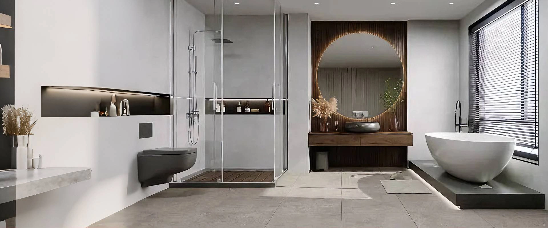 White oval freestanding bathtub on a raised platform with LED lighting beside a frameless glass shower and wood slat wall