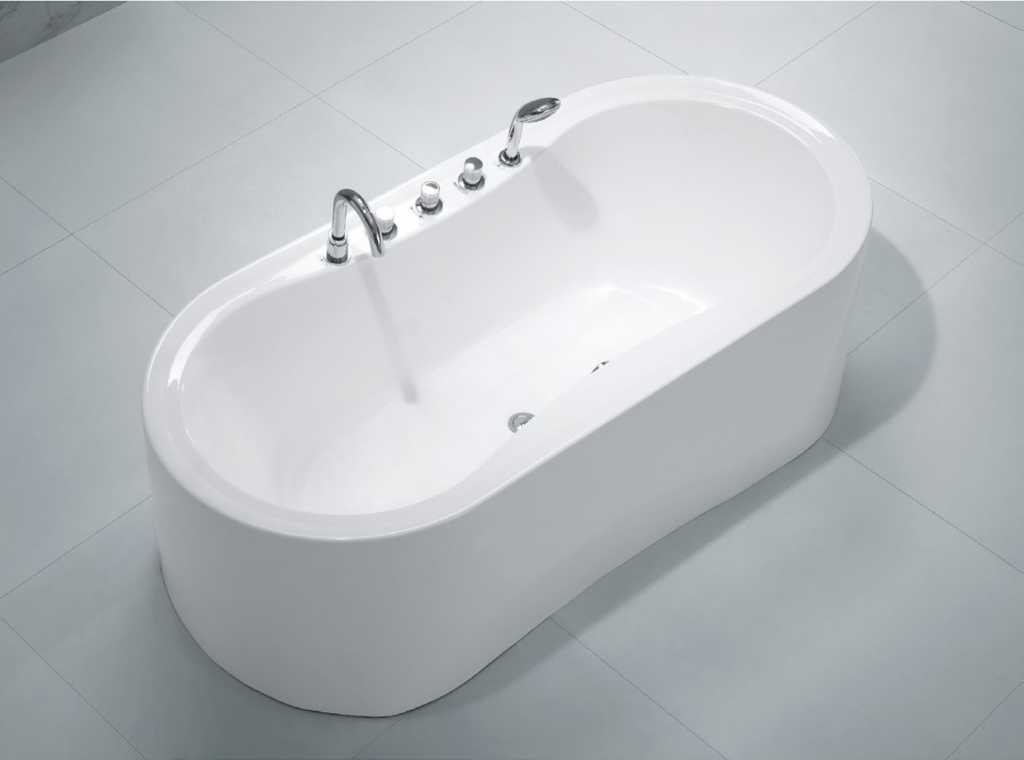 White oval freestanding acrylic bathtub EE627 with chrome deck-mounted faucet, control knobs and handheld shower running