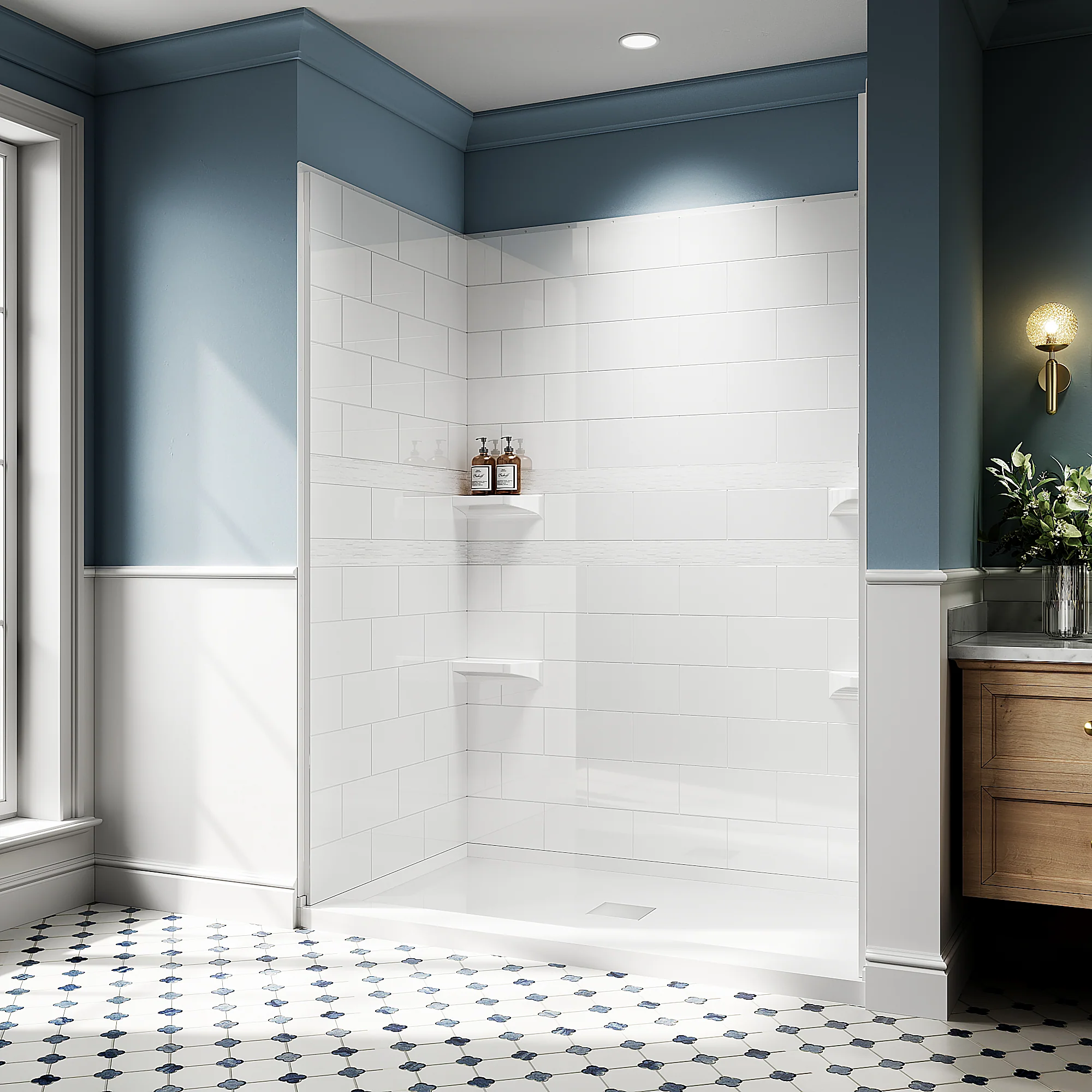 Open walk-in shower with white base, glossy white subway tiles and built-in shelves in a blue-gray patterned-floor bathroom