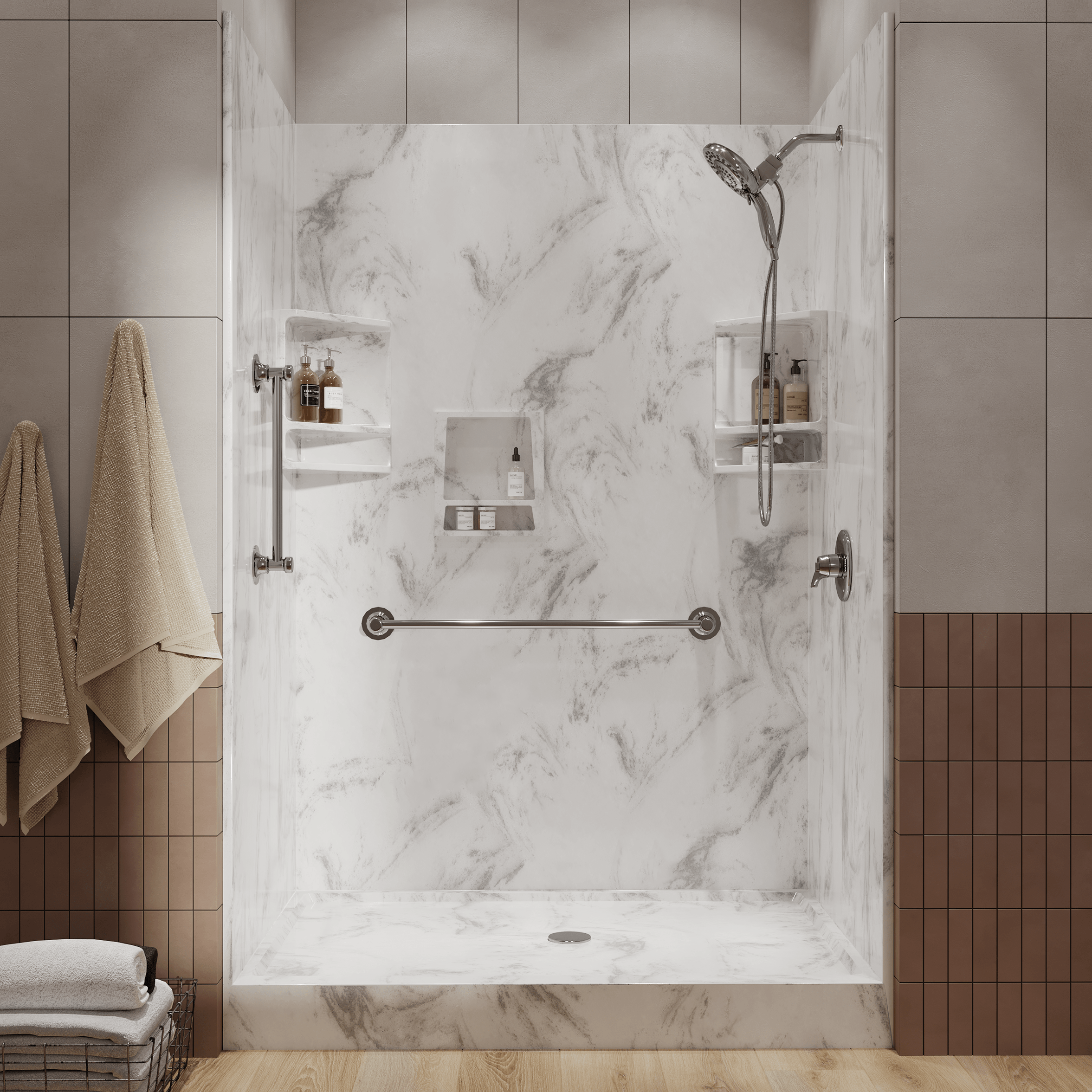 White marble-look shower wall panels with chrome grab bars and handheld showerhead in an accessible walk-in shower