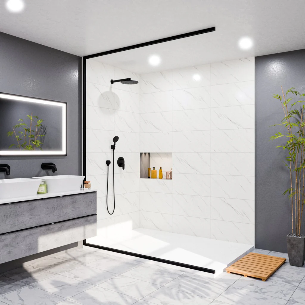 Walk-in shower with white marble-look tiles, matte black fixtures and frameless glass in a dark gray bathroom