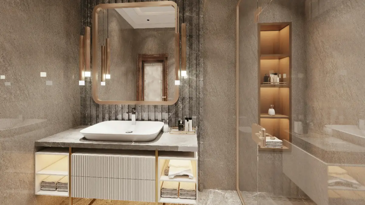 Luxury bathroom with floating vanity, white vessel sink, gold-framed mirror and frameless glass shower with wooden shelves