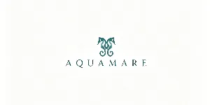 Aquamare brand logo with teal seahorse wave emblem above uppercase serif lettering on white background