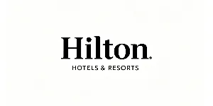 Hilton Hotels and Resorts logo with black serif Hilton wordmark and Hotels & Resorts tagline on white background