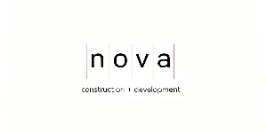 Nova construction and development company logo with black lowercase letters framed by thin vertical lines