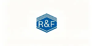 R&F corporate logo with white letters inside a blue hexagon with horizontal line details on white background