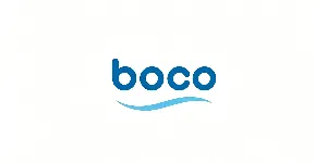 Blue lowercase boco brand logo with light blue wave underline on plain white background