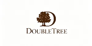 DoubleTree brand logo with brown tree inside the letter D above DOUBLETREE serif lettering on white background