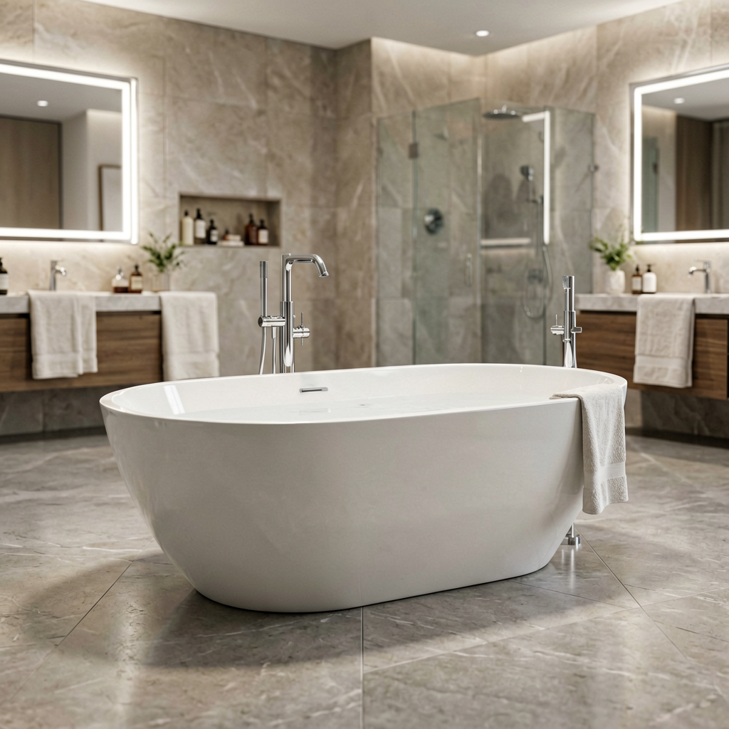 White oval freestanding bathtub with chrome floor faucet in a marble bathroom with wood vanities and glass shower