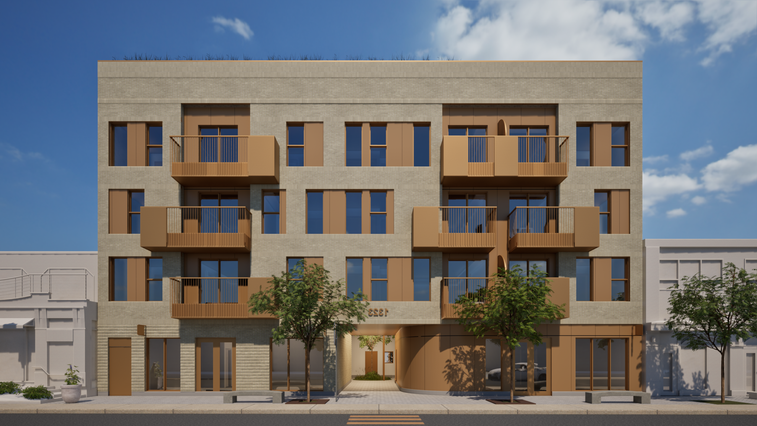Architectural rendering of a modern four-story residential building with beige brick facade, balconies and glass railings