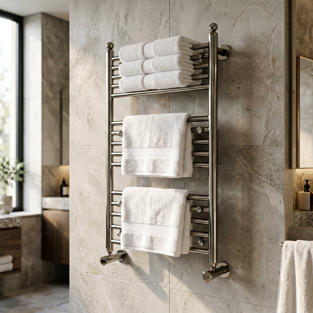 Polished chrome heated towel rail with white towels on a stone-look tile wall in a modern bathroom with wood vanity