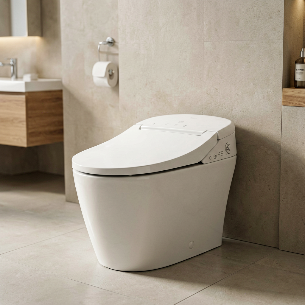 White smart toilet with side control panel icons in a beige tiled bathroom with wood floating vanity and mirror